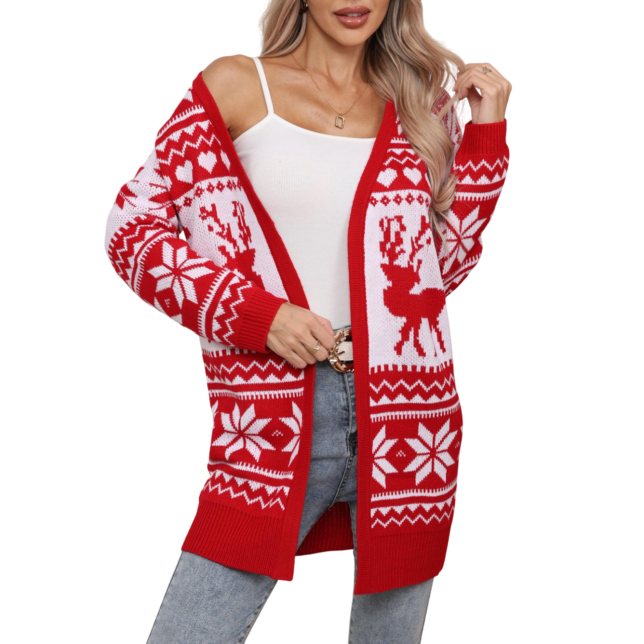Womens Christmas Knit Cardigan Long Open Front Knit Sweater Winter Outerwear